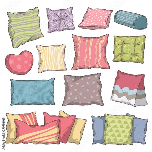 Hand drawn colorful pillow and cushion set with different shape, pattern, size