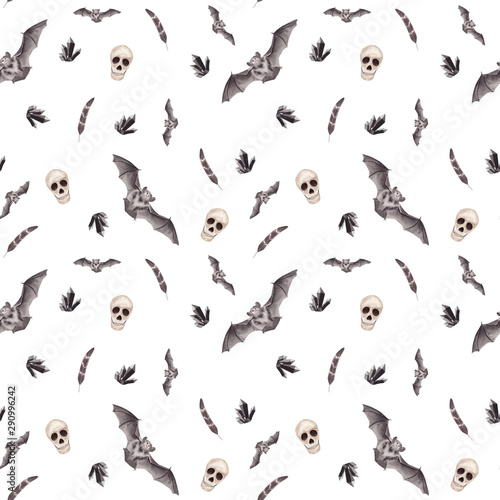 Hand drawn Watercolor Halloween Seamless pattern with human Skull, bat and feather on white background.