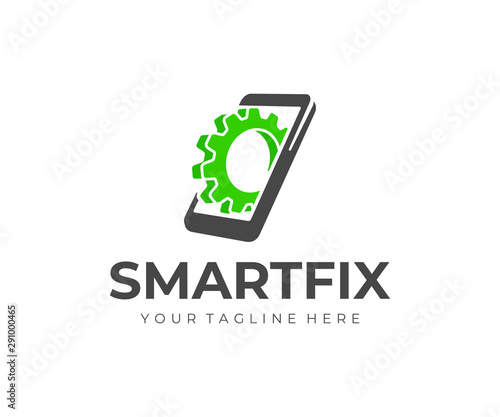 Smartphone engineering logo design. Mobile phone fixing vector design. Cell phone repair logotype