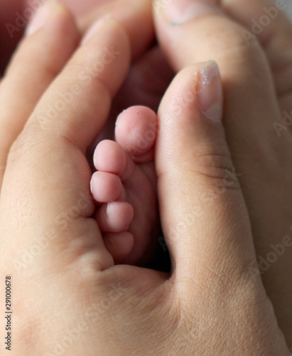 Small newborn toes in mommy hands