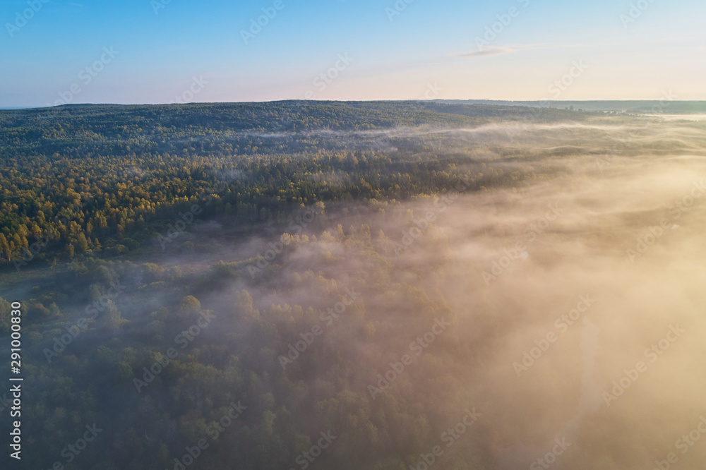 Aerial photography from the drone. Winding river and road in the forest in the morning fog
