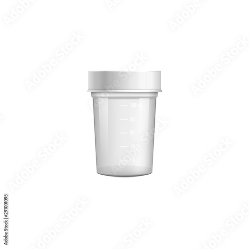Small clear medical container for urine or stool sample with closed white lid