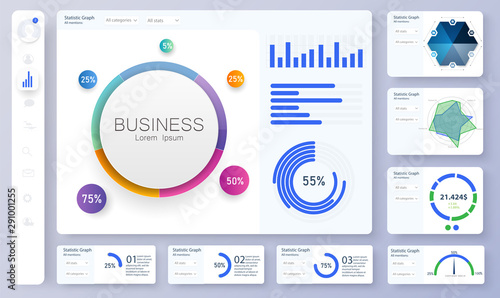 Dashboard, great design for any site purposes. Informative and simple dashboard. Colorful infographics template for business and other projects. Admin panel interface with color charts. Vector UI/UX