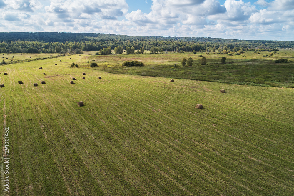 Agricultural field with bales of straw. Aerial photography from the drone