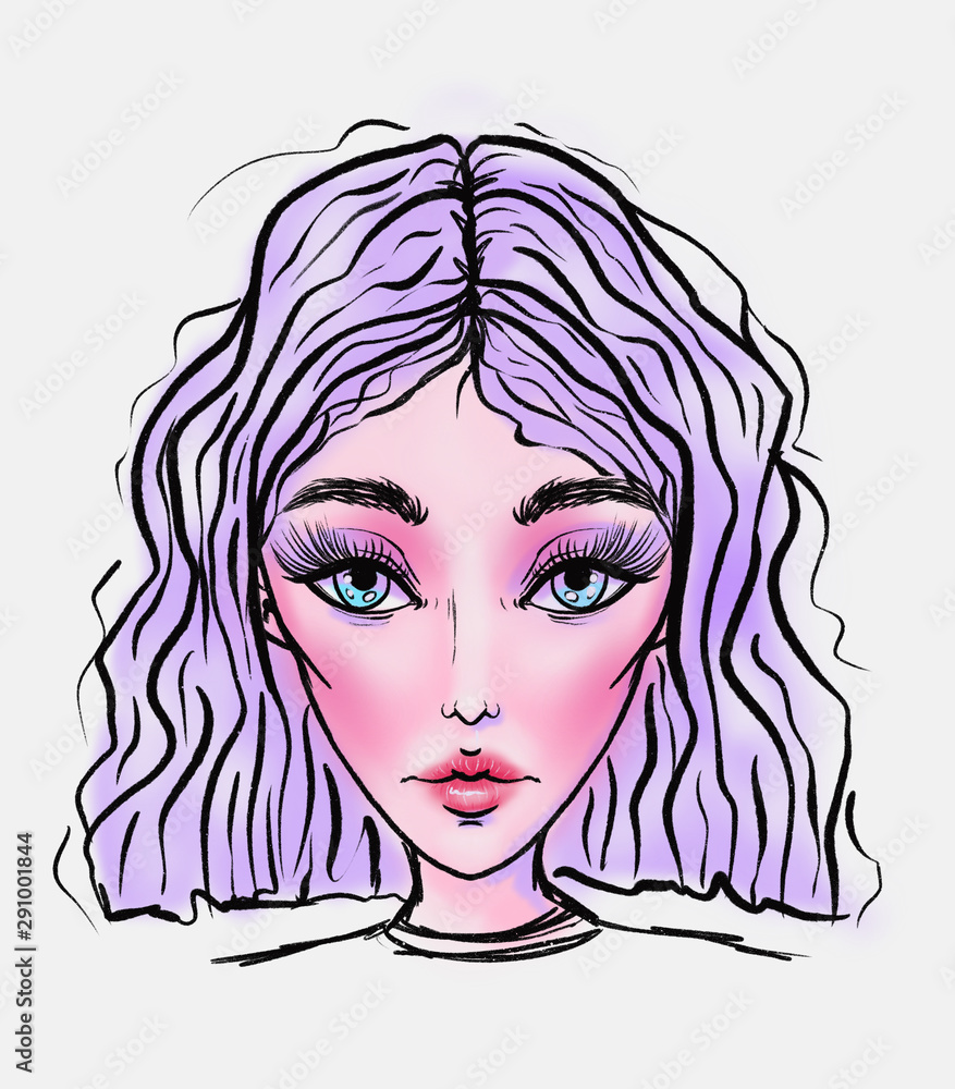 portrait of a girl with a purple bob haircut, fashion illustration