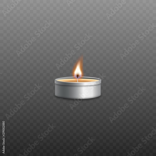 Small tealight candle in silver metal casing with realistic fire.