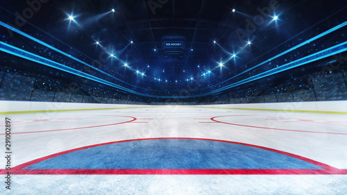 Canvas Print Ice hockey playground and illuminated indoor arena with fans, goal line view, pr