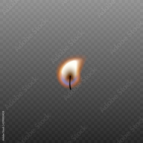 Small realistic burning candle wick part isolated on dark transparent background