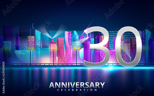 30 years anniversary invitation card. celebration template design with futuristic city. Vector illustration