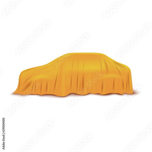 Car or automobile covered with cloth 3d realistic vector illustration isolated.
