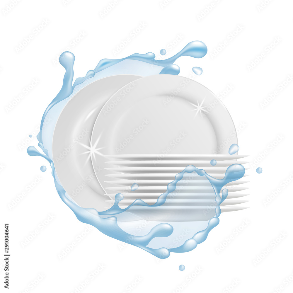 Clean white dishes or plates with water splash 3d vector illustration