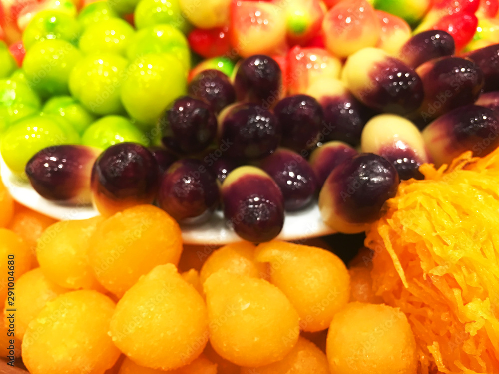 Thai dessert with Thai name, Jackfruit, Thai nut dessert, moistened balls Thai dessert with Thai name, Jackfruit, Thai nut dessert, moistened balls