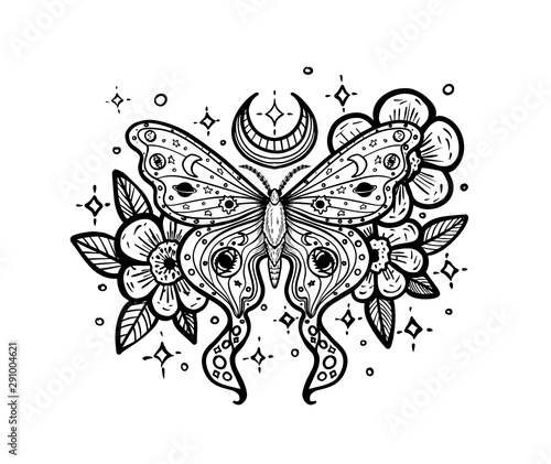 butterfly with flowers and stars, tattoo print on t-shirt