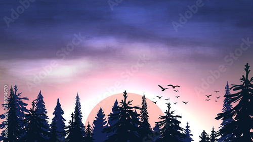 Sunrise over the pine forest. Vector illustration with beautiful morning landscape, coniferous forest, birds, clouds.