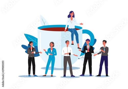 Business coffee break with people and mug flat vector illustration isolated.