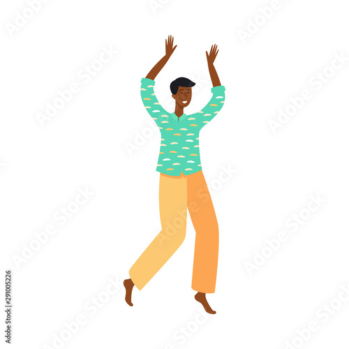 Cartoon African dancer man in colorful clothing dancing or jumping in place with hands up.
