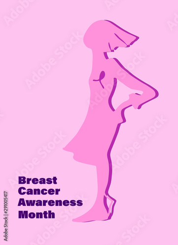 Breast Cancer Awareness concept. Pink silhouette of a woman with pink ribbon, campaign title. Isolated on the white