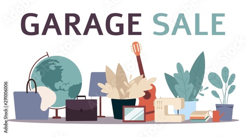 Garage sale banner with flat cartoon furniture objects arranged on the floor