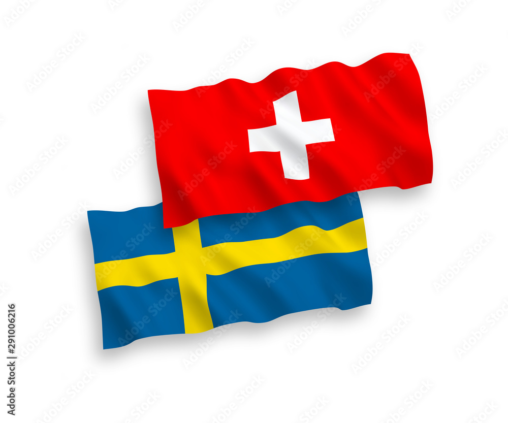 National vector fabric wave flags of Sweden and Switzerland isolated on white background. 1 to 2 proportion.
