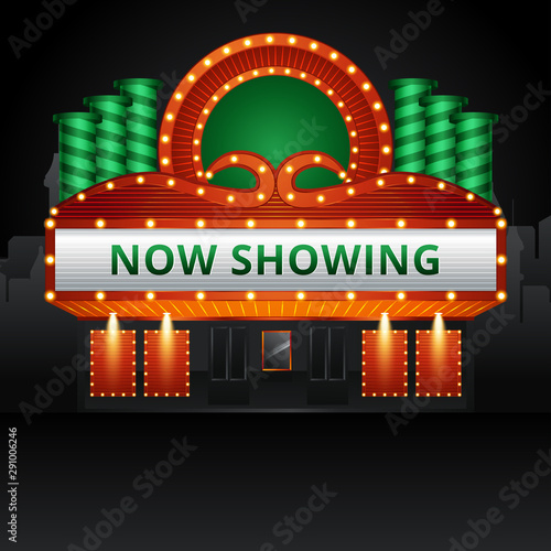 theater cinema building with futuristic city. Vector illustration