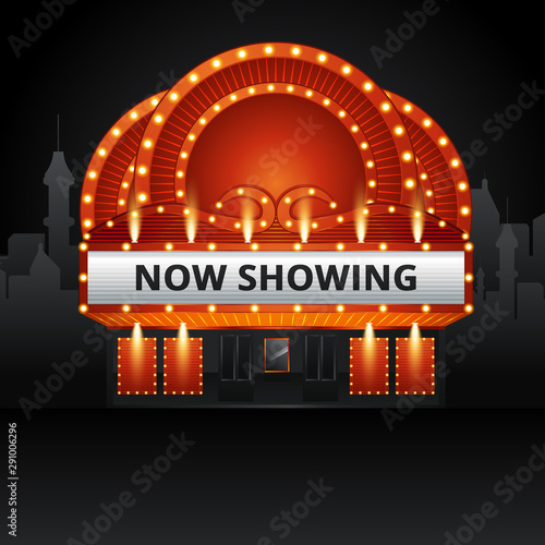 Cinema building vector illustration on background of city. Vector illustration