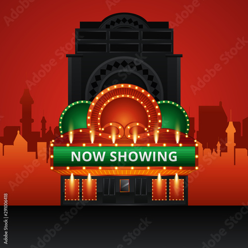 theater cinema building with futuristic city. Vector illustration