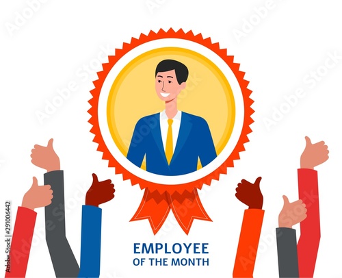 Employee of the month badge with cartoon businessman smiling