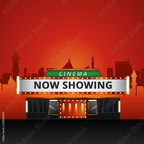 theater cinema building with futuristic city. Vector illustration