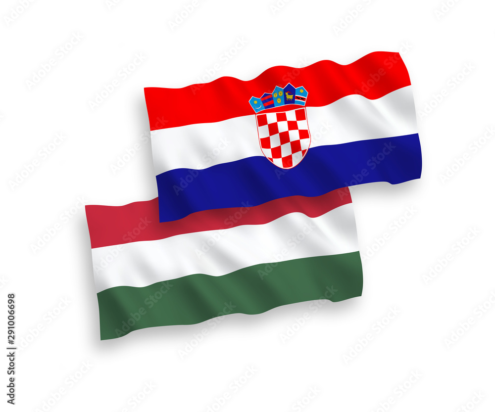 Naklejka premium National vector fabric wave flags of Croatia and Hungary isolated on white background. 1 to 2 proportion.