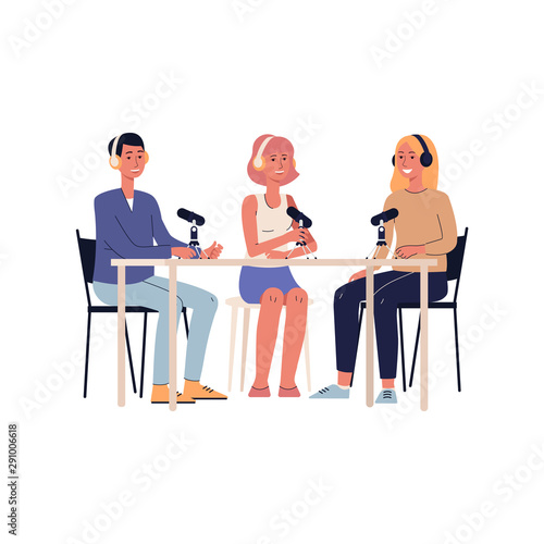 Cartoon people recording a podcast or radio show - happy young man and women