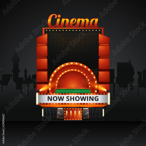 theater cinema building with futuristic city. Vector illustration