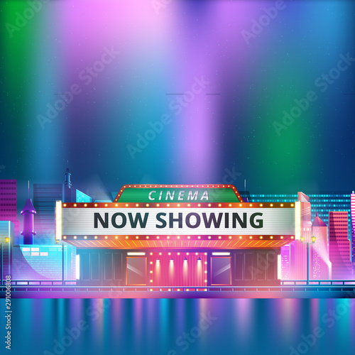 theater cinema building with futuristic city. Vector illustration