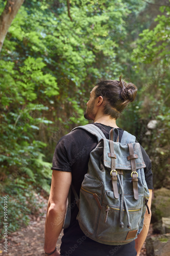 Rear view of a man walking in a forest Rear view of a man walking in a forest