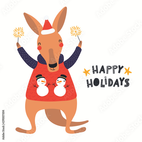 Hand drawn Christmas card with cute kangaroo in Santa hat, with sparklers, quote Happy holidays. Vector illustration. Isolated objects on white. Scandinavian style flat design. Concept for kids print.