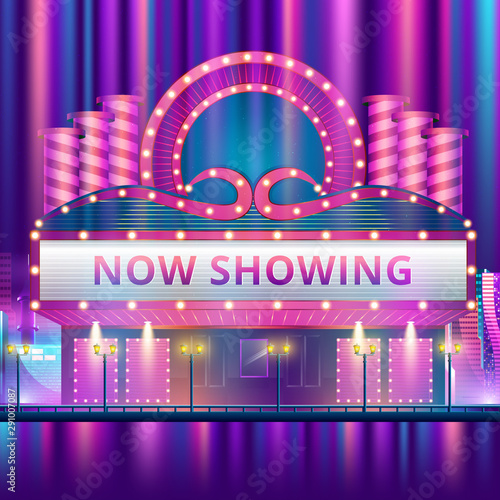 Cinema theatre building exterior. Movie entrance with retro light marquee banner vector illustration