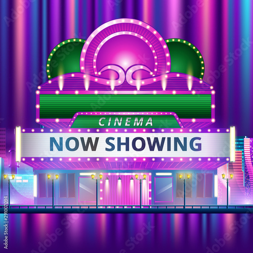 Cinema theatre building exterior. Movie entrance with retro light marquee banner vector illustration