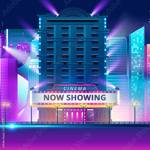 Cinema theatre building exterior. Movie entrance with retro light marquee banner vector illustration