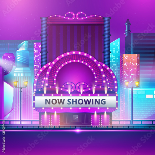 Cinema theatre building exterior. Movie entrance with retro light marquee banner vector illustration