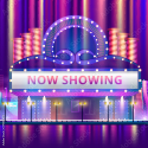 Cinema theatre building exterior. Movie entrance with retro light marquee banner vector illustration