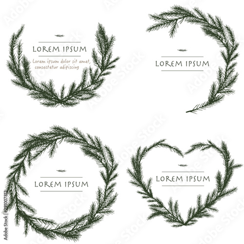 Vector christmas wreath set with pine hand drawn circle background with tree for greeting cards