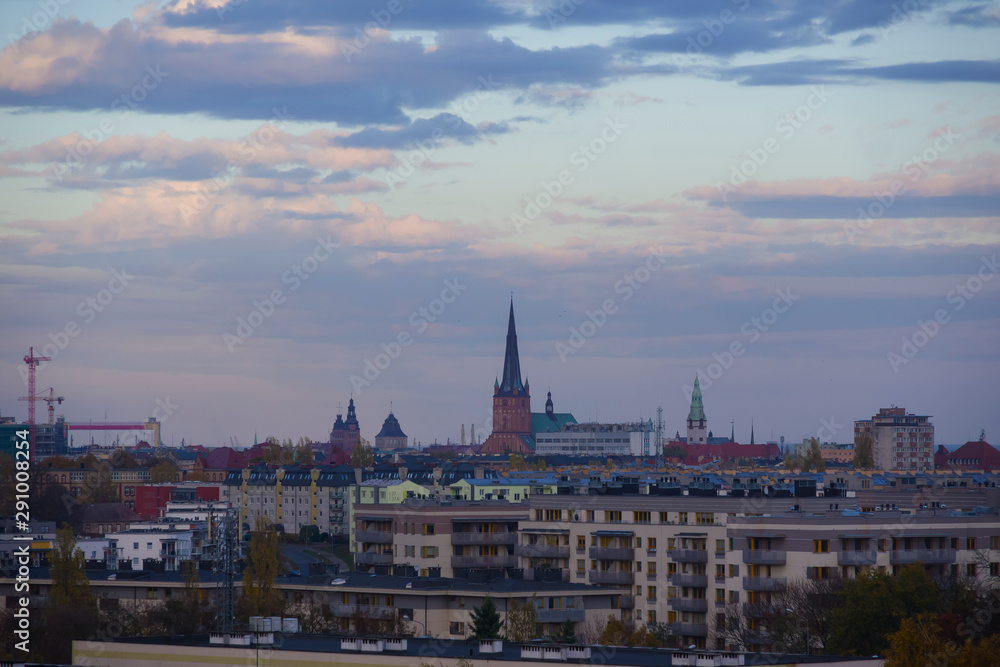 Urban landscape, city, Szczecin, Poland, clouds, top-view, blocks, churches embedded between buildings, city center