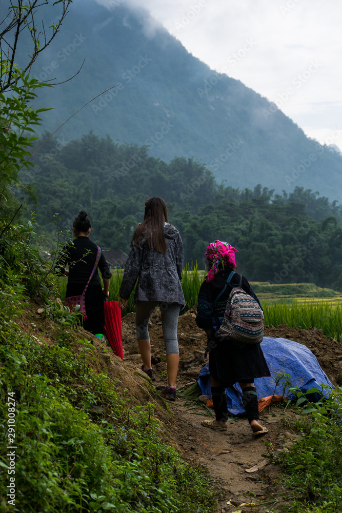 Mujeres paseando por los arrozales de Sapa en Vietnam durante el verano