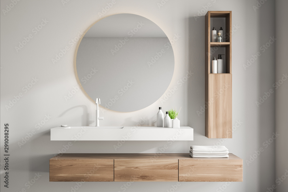 White bathroom interior with sink and mirror - obrazy, fototapety, plakaty 