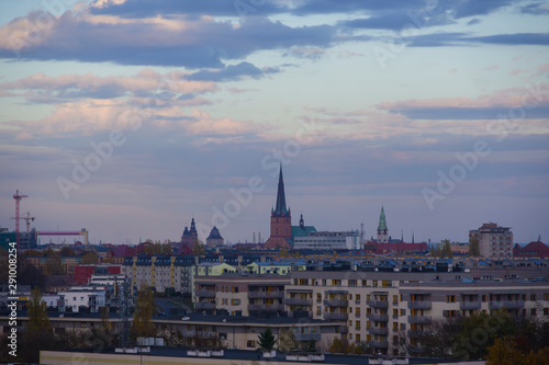 Urban landscape, city, Szczecin, Poland, clouds, top-view, blocks, churches embedded between buildings, city center