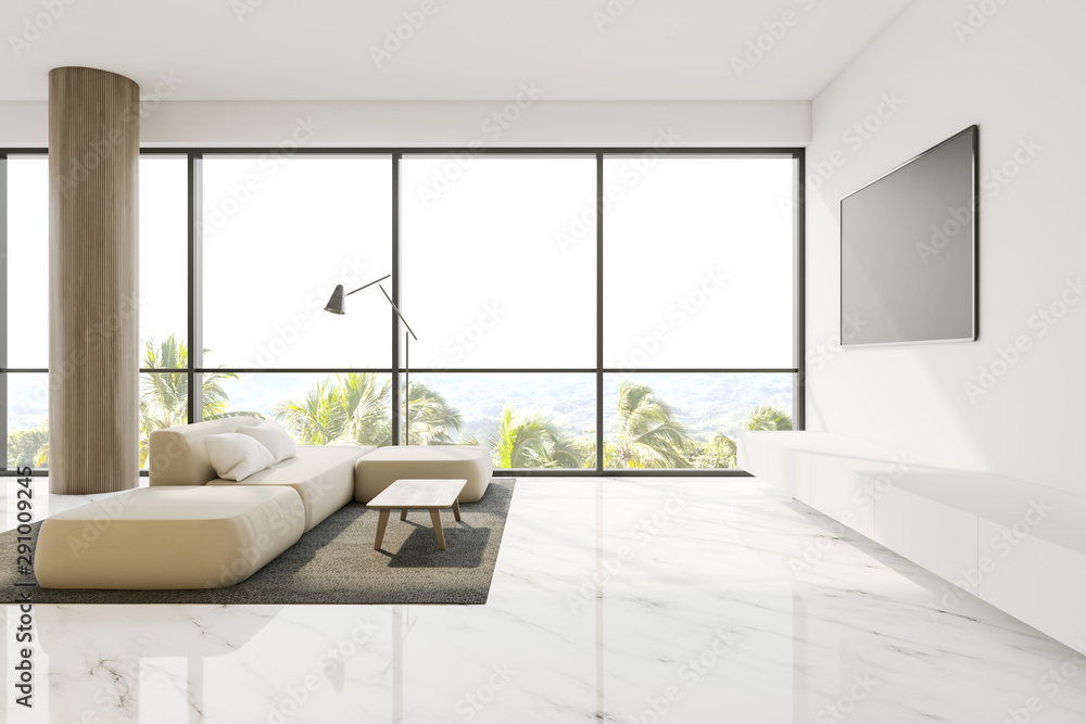 Fototapeta premium White living room with TV and sofa