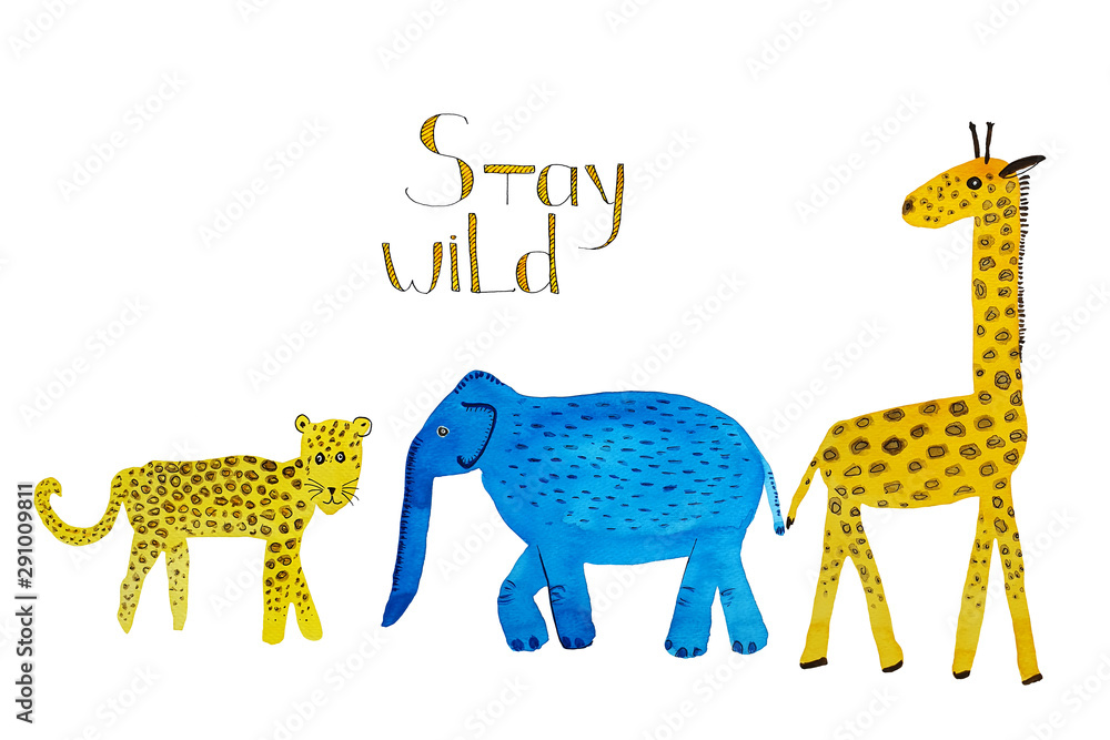 Obraz premium Watercolor cartoon hand drawn wild animals