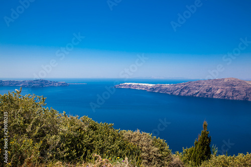 The beautiful Aegean Sea seen from the walking trail number 9 which connects the cities of Fira and Oia on the Santorini Island