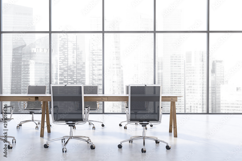 Black chair panoramic conference room interior Black chair panoramic conference room interior