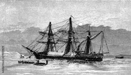 Swedish steamship SS Vega in winter quarter in 1879 during the arctic expedition to navigate through the Northeast Passage, the sea route between Europe and Asia
