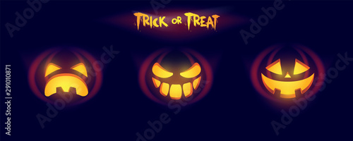 Pumpkin glowing face isolated on dark background. Pumpkin carving faces with eyes and mouth. Funny and scary halloween character. Elements for your design. Vector illustration.